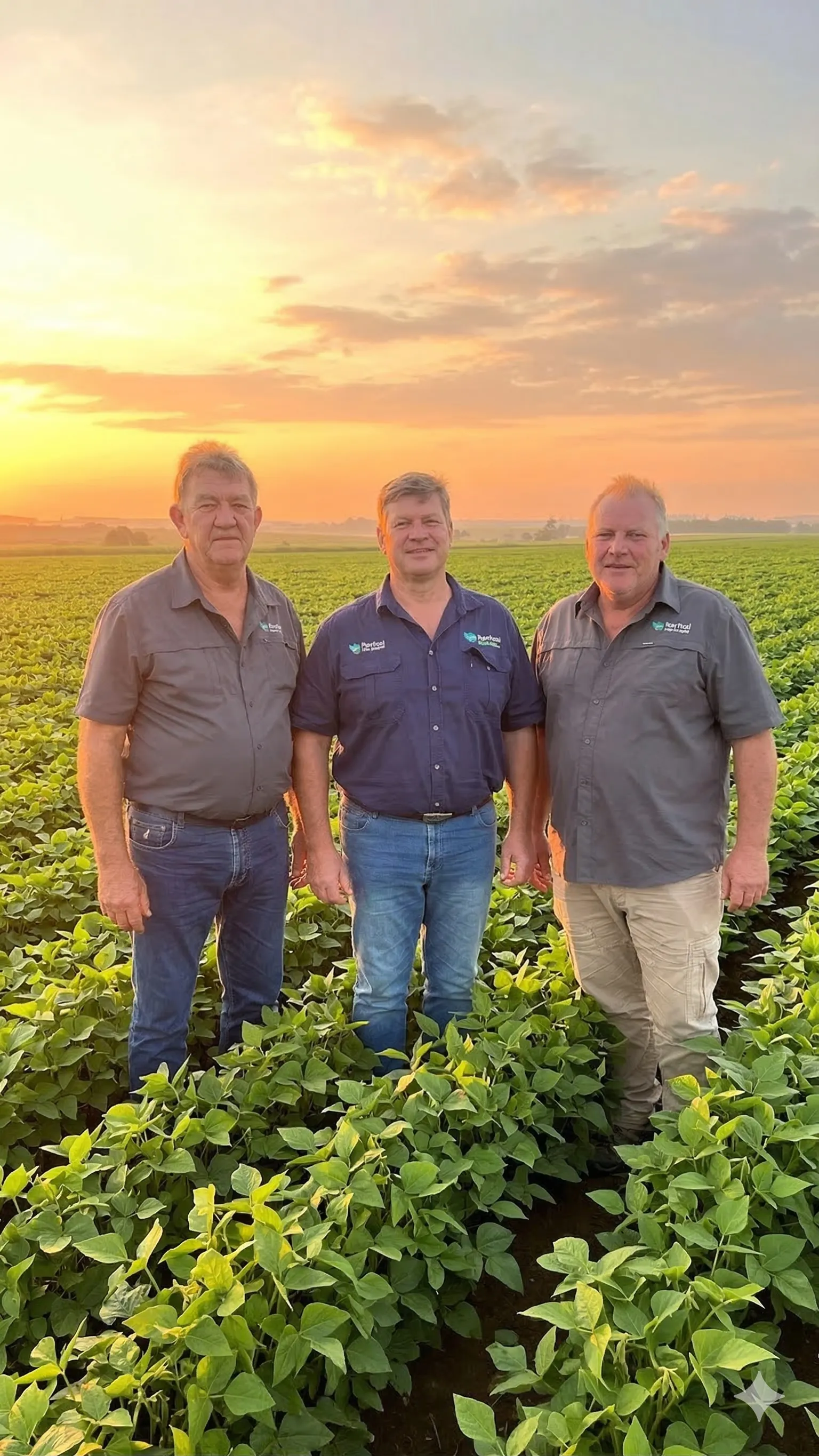The Revival founding team — Braam Burger, Randolf Meyer, and Dene Zondagh — standing in a soybean field at sunset